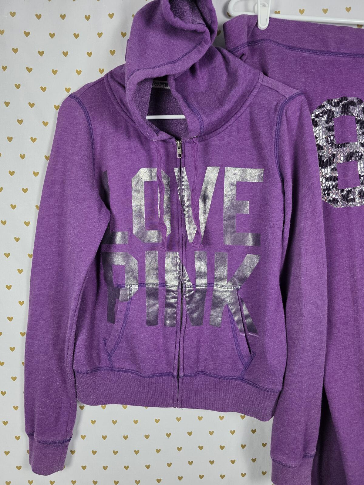 Victoria's Secret PINK 86 Leopard Sequin Hoodie Sweatpants Set Purple Y2K MEDIUM