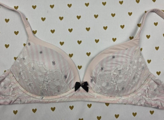 Victorias Secret Super Soft Wireless 34B Logo Bra Pink Striped