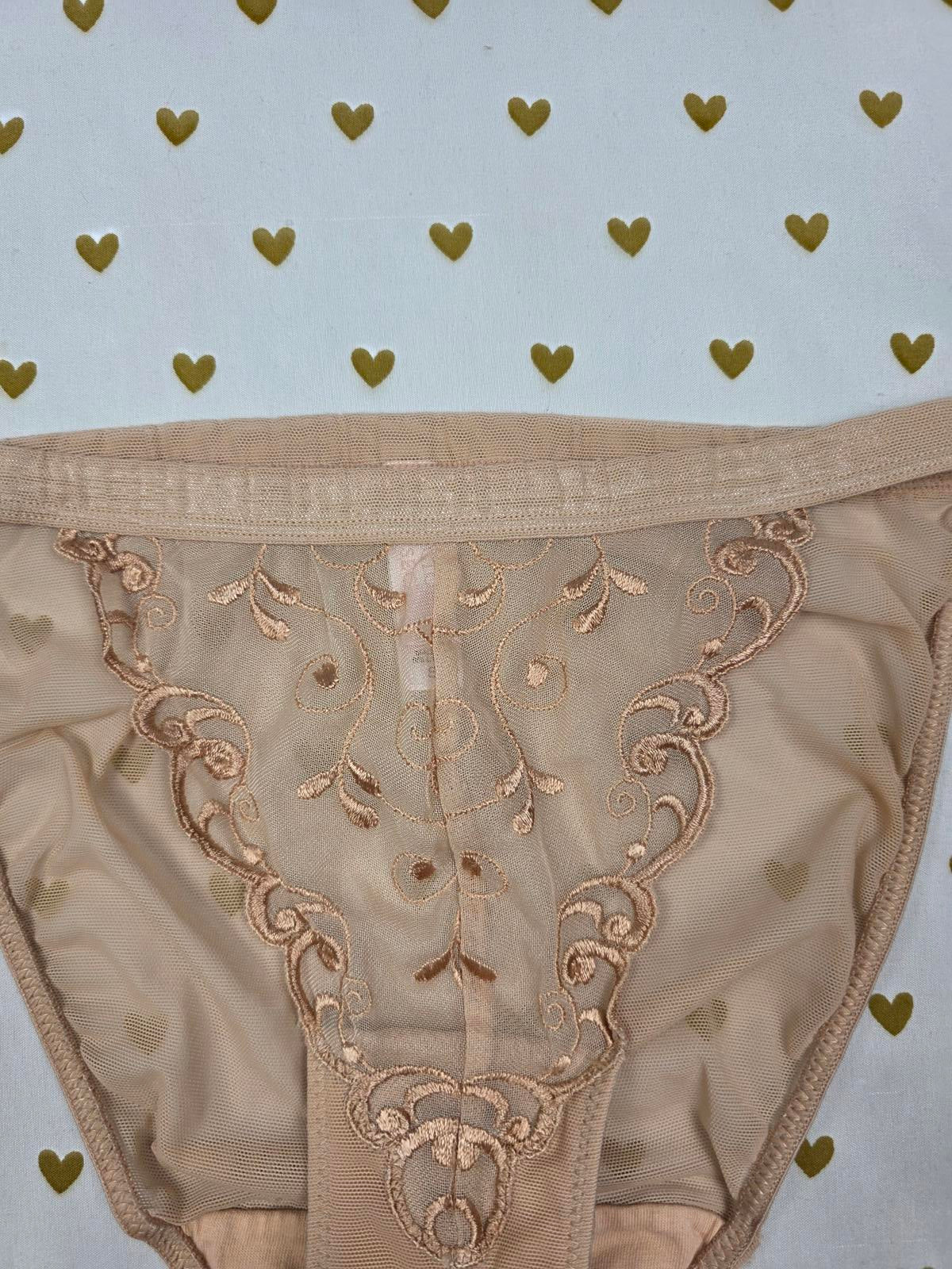Victorias Secret VTG Beige Embroidered String Bikini Panties  Small Y2K '00