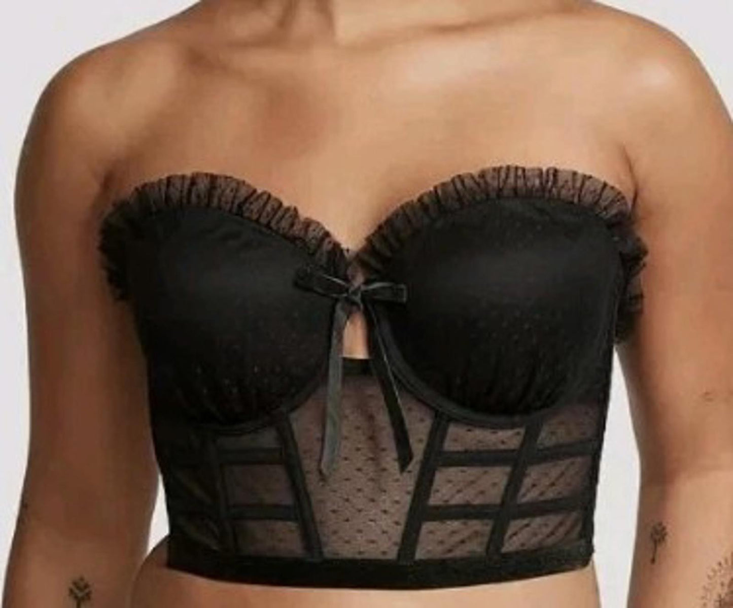 DREAM ANGELS Strapless Ruffled Corset bra top NEW 38D Black Flocked Dot w Straps