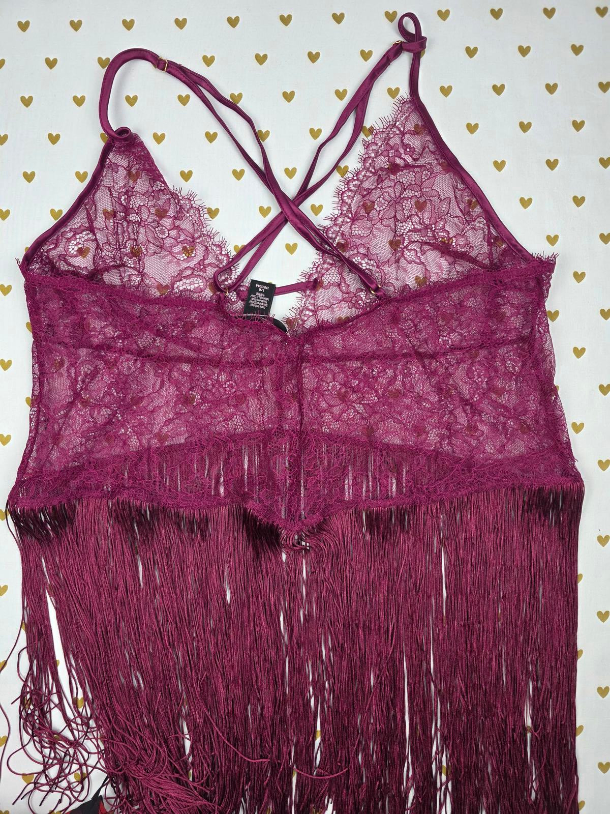 Victorias Secret Sexy Lace & Fringe Slip Nightie Lingerie Maroon Cross back