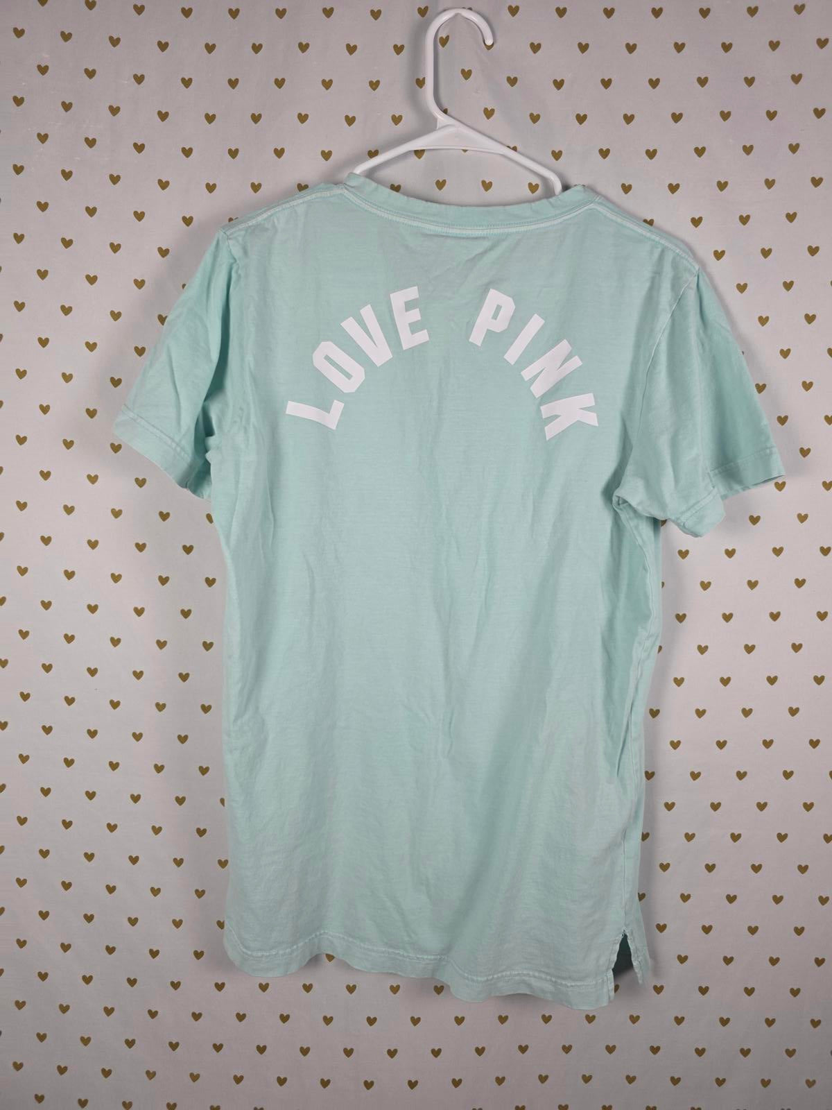 Victorias Secret PINK Mint Lace Front Dog Logo LOVE Tee Shirt SMALL