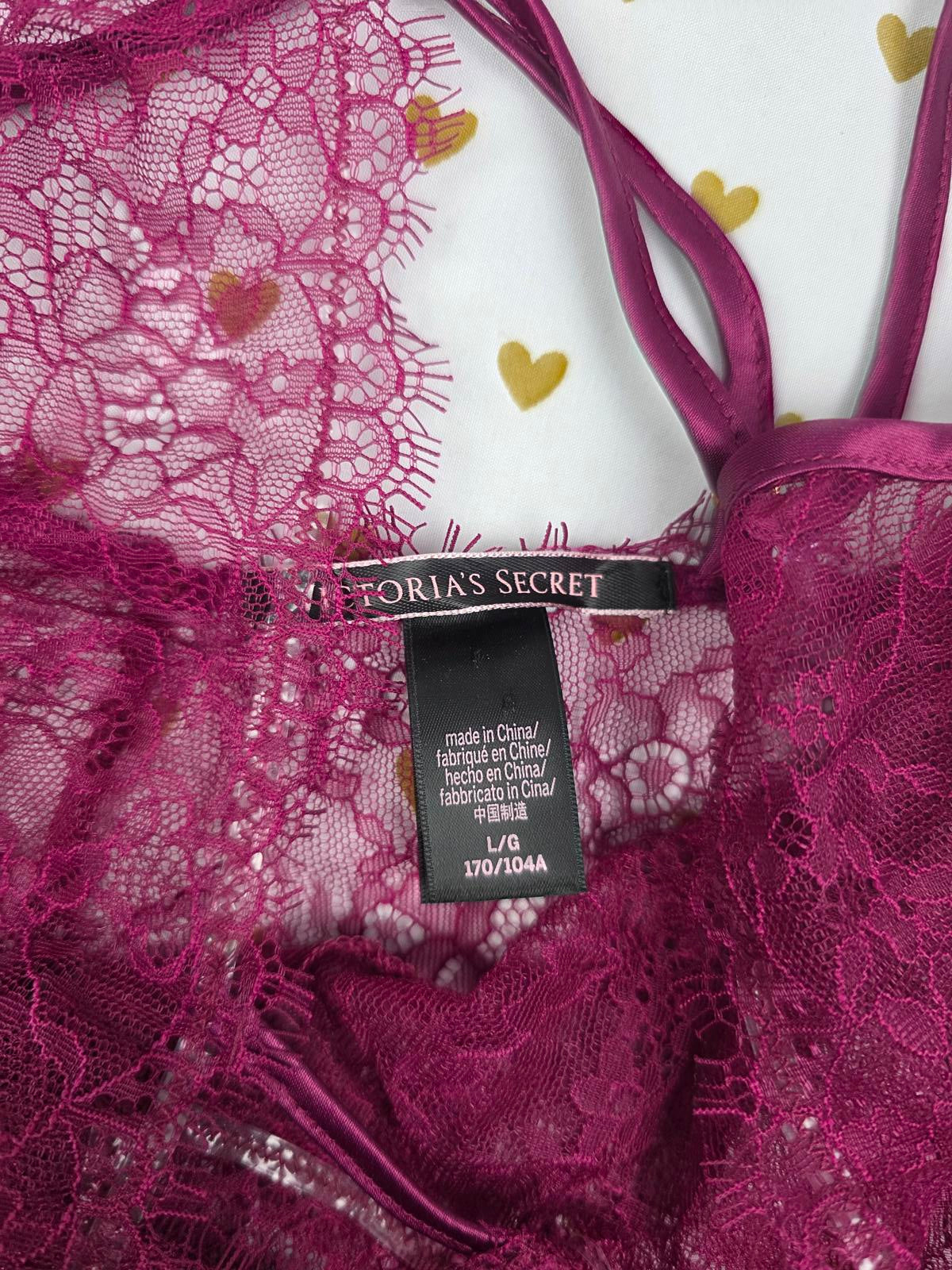 Victorias Secret Sexy Lace & Fringe Slip Nightie Lingerie Maroon Cross back